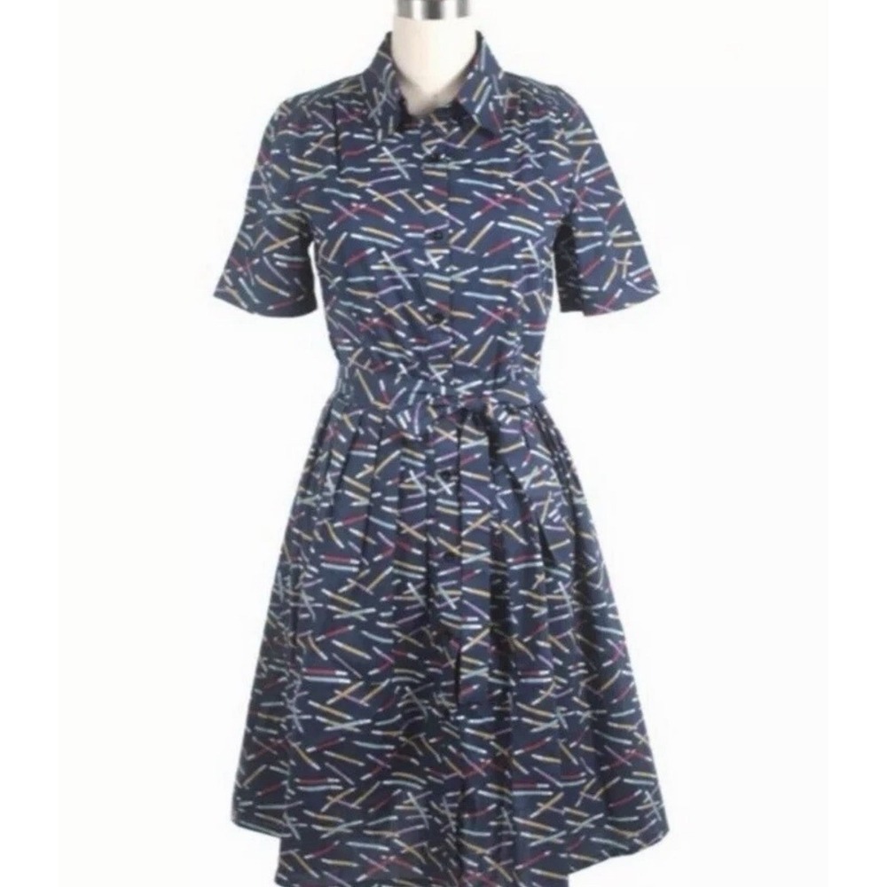Modcloth Frock Shop Shirt Dress Navy Pencil Print Teacher Pencil L Pockets